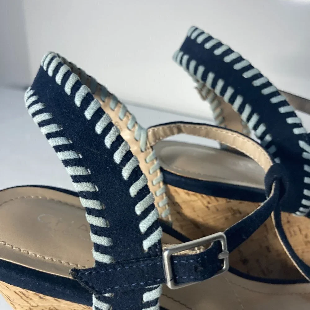 Charles David SZ 9.5 Denim Blue Suede Ankle T-Strap Cork Wedges